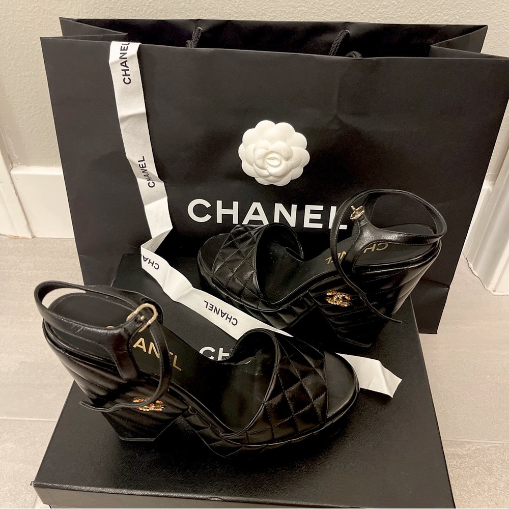 Authentic Chanel quilted 24s platform black sandals